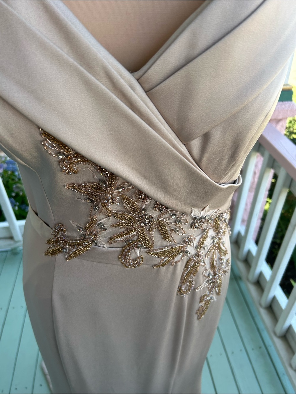 Mon Cheri Champagne Satin Embellished Maxi Dress - Picture 4 of 7